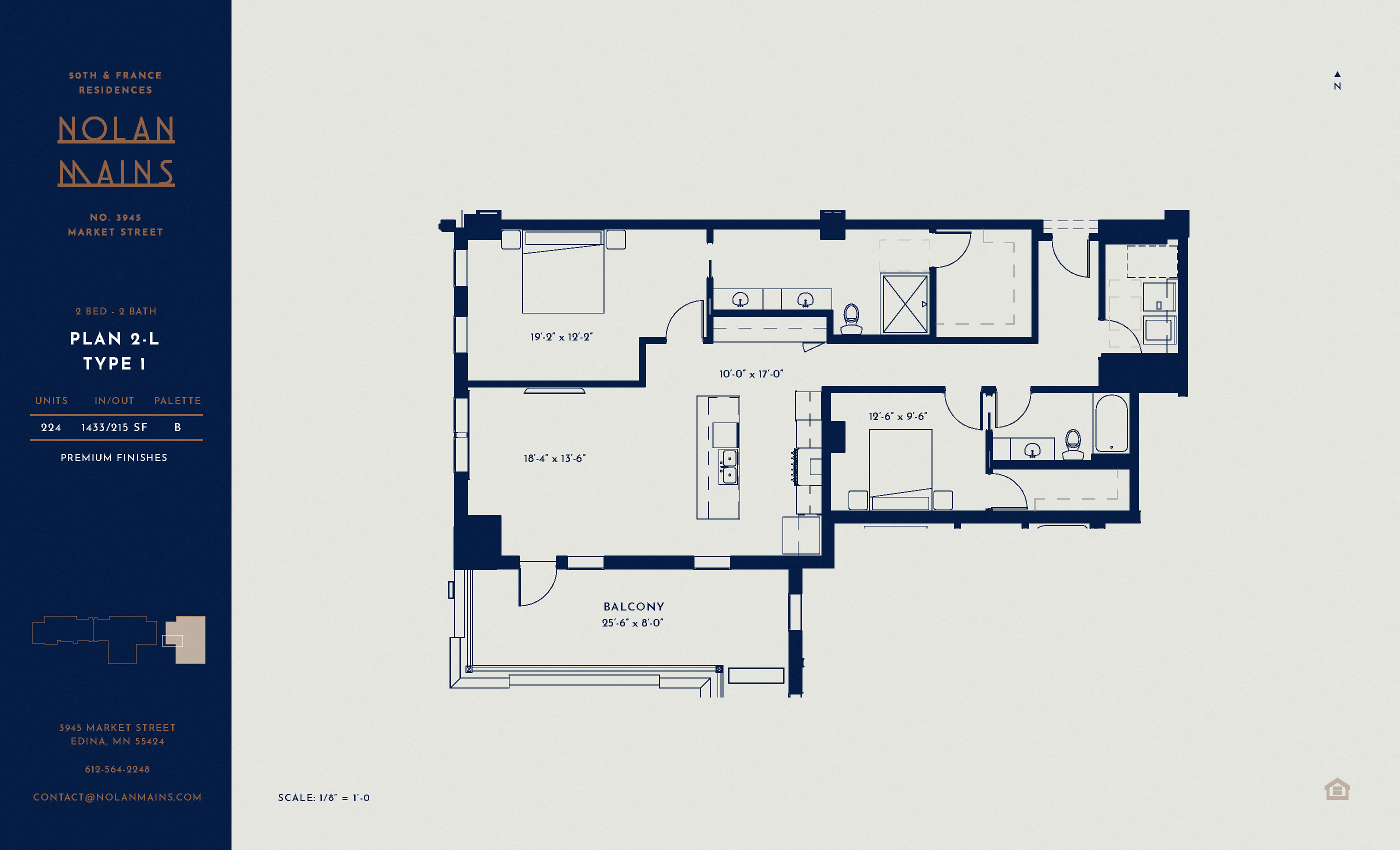 Floor plan for 2 beds, 2 baths, 1433 sqft